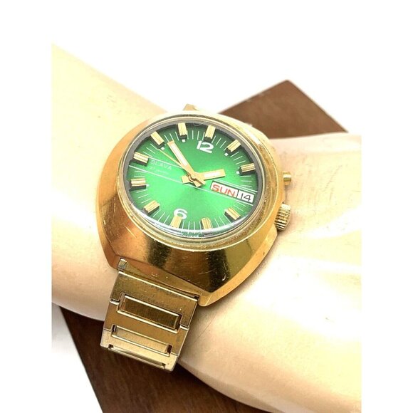 Slava Men's Watch Vintage USSR Automatic Green Dial Day Date Gold Steel 41mm - Picture 5 of 13